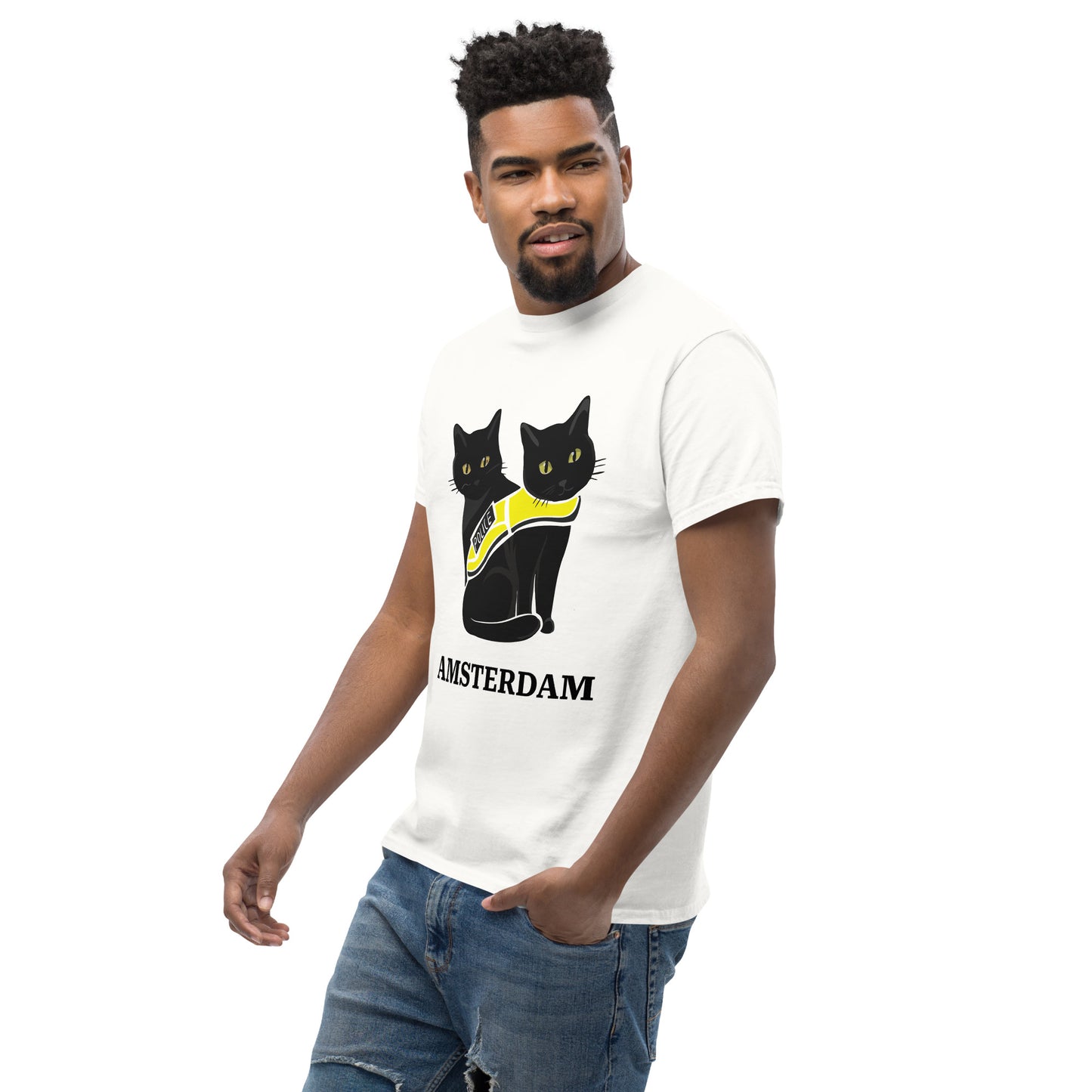 🐾 Nimis & Tommy Unisex Classic Tee - Police Cat Amsterdam (White/Drop 01)